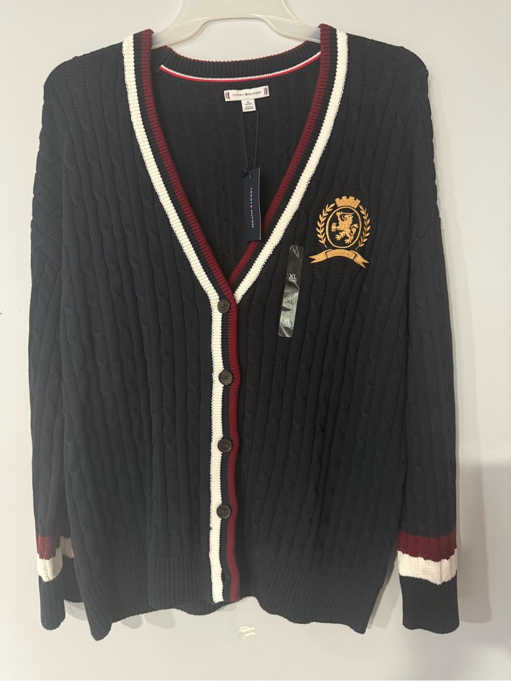 Tommy Hilfiger Navy Cable-Knit Cardigan with Crest and Stripe Trim NWT size xl